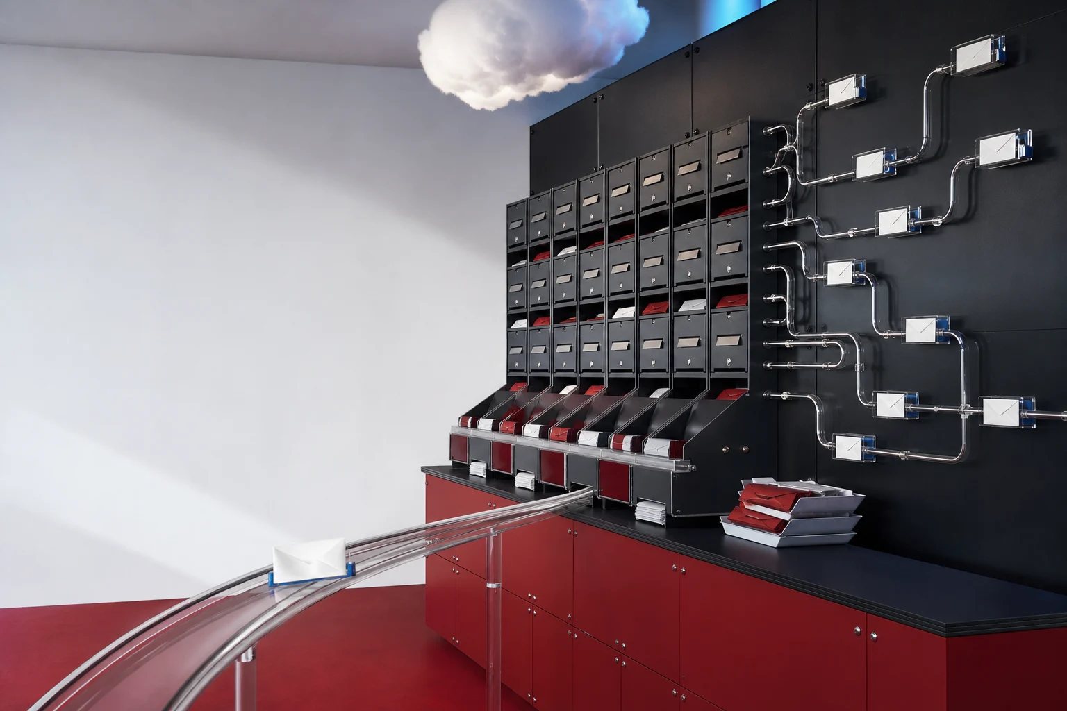 A red and black post-office sorting wall routing envelopes through transparent message channels