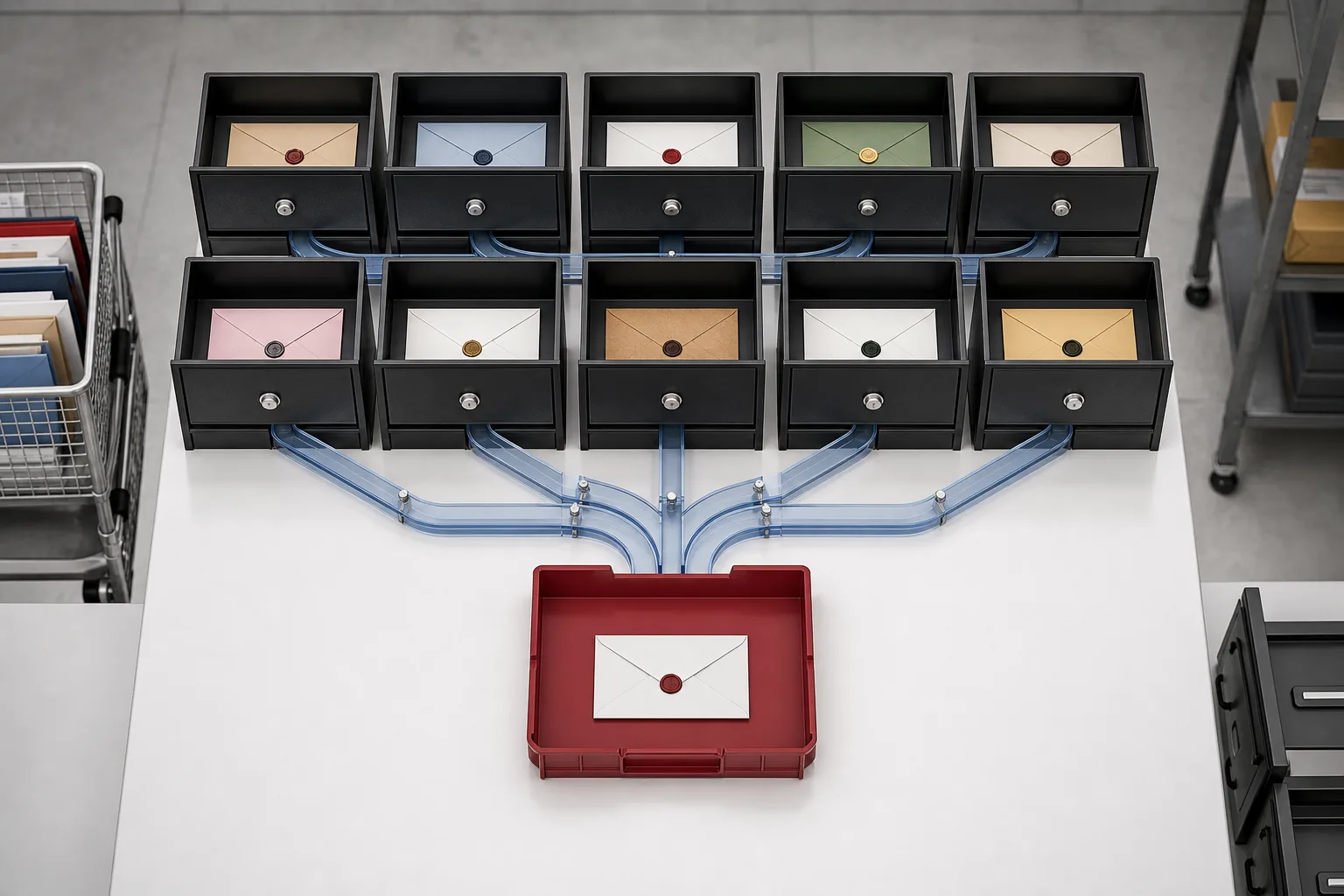 One red mail intake tray connected by blue routes to ten separate black agent mailbox drawers
