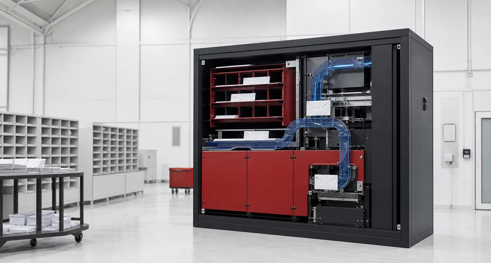 A self-contained red and black mail-processing cabinet installed inside a bright operator-owned sorting room